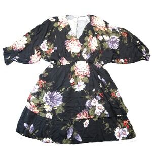 White Birch Floral Dress XL Black Tiered Puff Sleeve Dark Cottage Whimsigoth 90s